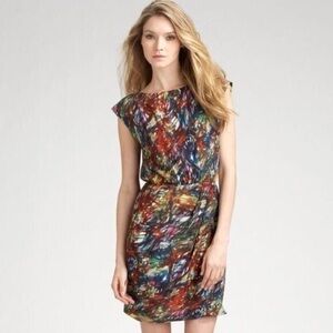 Theory 100% silk Arena brushstroke dress side pleat